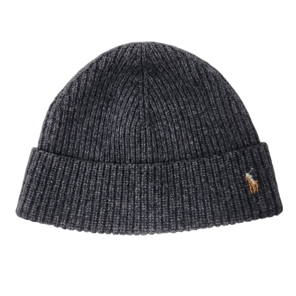 Polo Ralph Lauren Charcoal Grey Ribbed Knit Beanie Embroidered Pony Hat